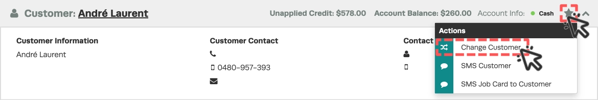 A screenshot of the Customer Card of an Invoice. Cursors indicate to click the Star icon then select Change Customer