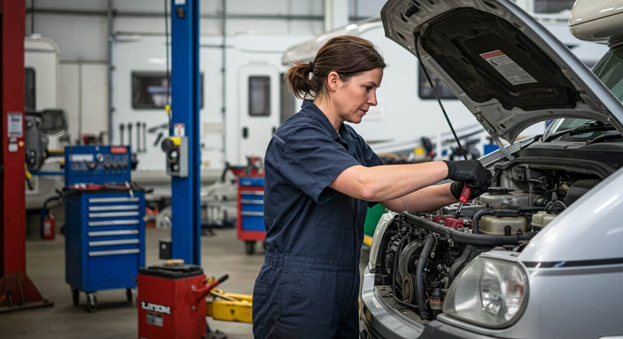 RV mechanic working in a repair workshop, supported by Workshop Software