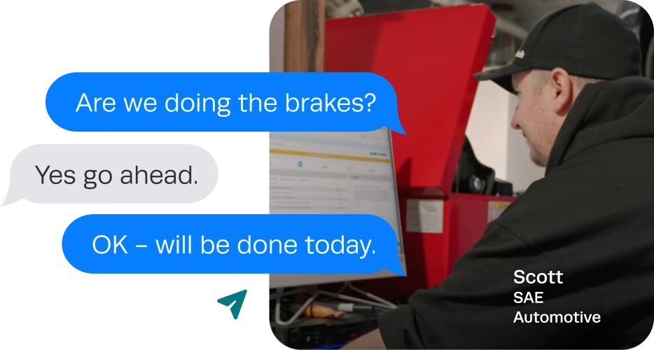 Two-way SMS conversation approving brake work, over a photo of a technician working on a vehicle