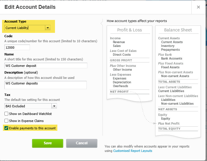 Xero Edit Account Details dialog configuring a current liability account named WS Customer deposit with payments enabled
