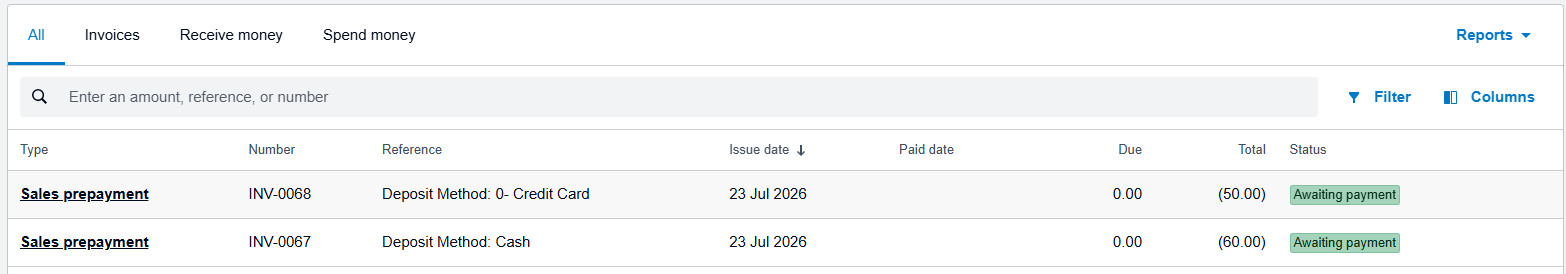 Xero account transactions list showing customer deposit sales prepayments awaiting payment