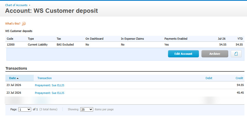 Xero WS Customer deposit account shown as a current liability with its prepayment transactions listed