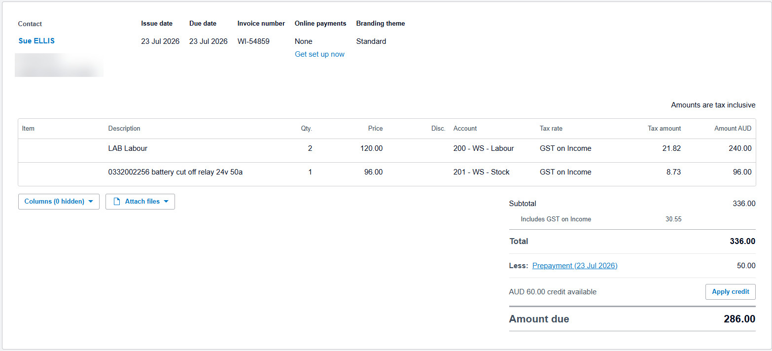 Xero invoice with a reconciled customer deposit applied as a prepayment credit, reducing the amount due