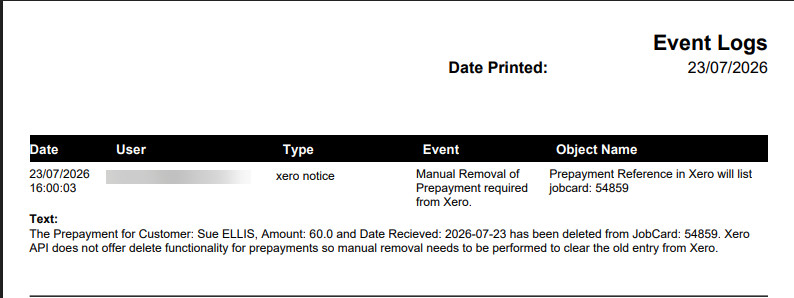 Workshop Software event log showing a Xero notice that manual removal of a prepayment is required