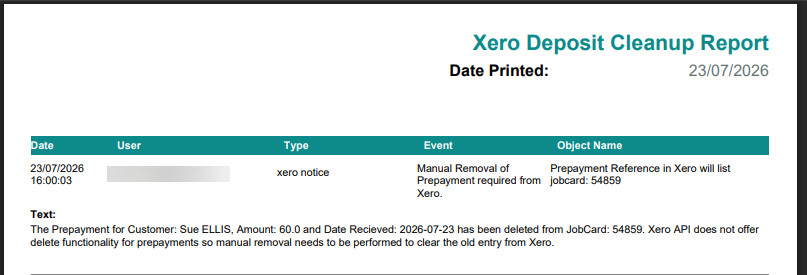 Xero Deposit Cleanup Report listing the prepayment references in Xero that need manual removal