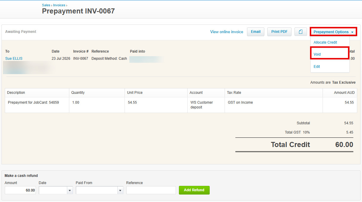Xero prepayment with the Prepayment Options menu open and the Void option highlighted
