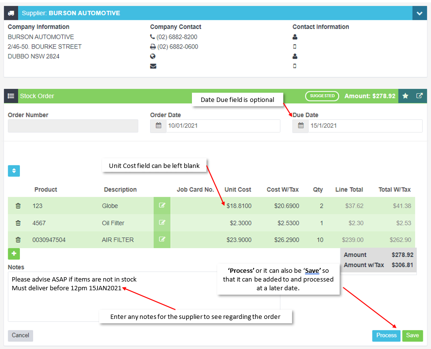 Workshop Software screen showing due date field can be left blank unit cost field can be left blank enter any ...