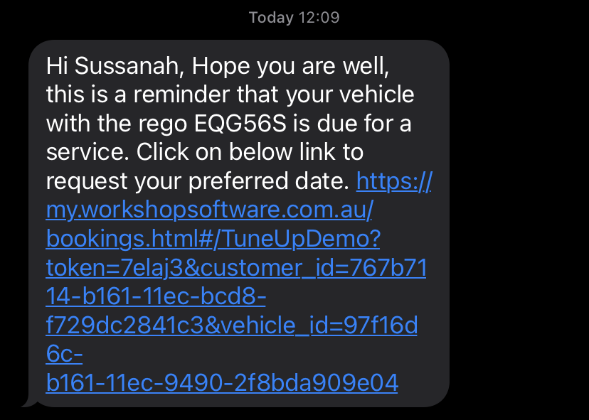 screenshot of SMS reminder message